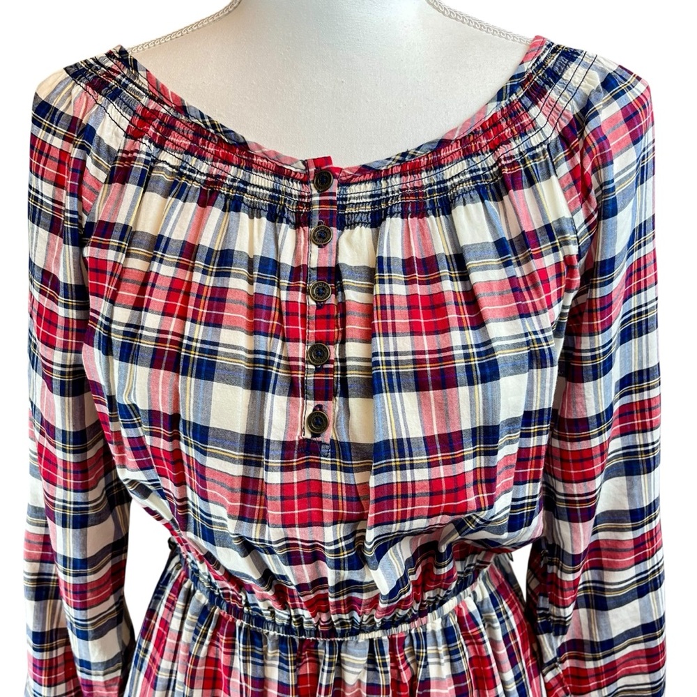 FOREVER 21 Red White Blue Plaid Cotton Dress Sz L Long Sleeve Coastal Preppy USA - Picture 5 of 11